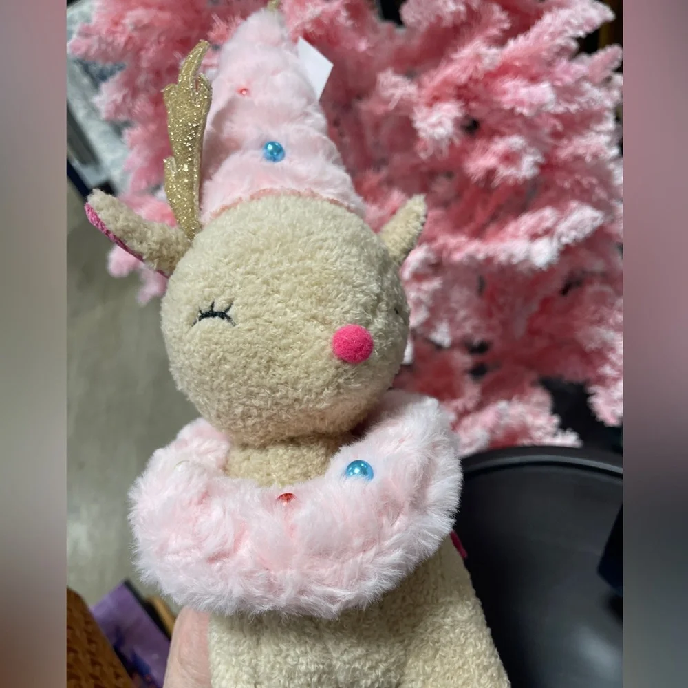 Pink Christmas Reindeer With Pink Tree hat & Wreath plush pillow NWT
